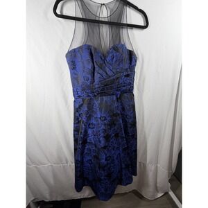 Pamella Roland Blue Floral Brocade Cockail Dress Size 6 Illusion Mesh Evening